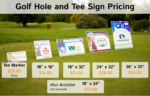 Comparison of the prices and sizes of different tee and hole sponsor signs.