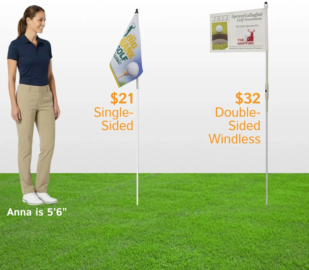 Single-sided and double-sided golf pin flags at true scale next to a person who is 5 feet 6 inches tall